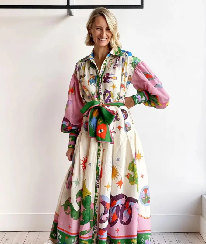 Fiona - Robe longue imprimée élégante avec taille ceinturée