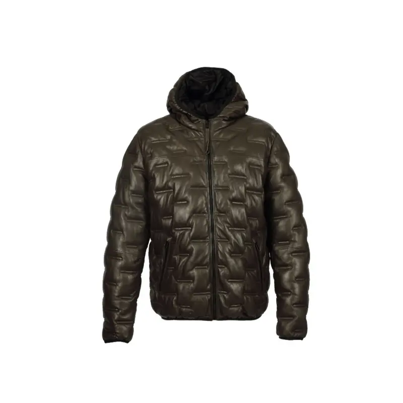 GABRIEL (REF. 65133) KAKI FONCE - DOUDOUNE EN CUIR À CAPUCHE