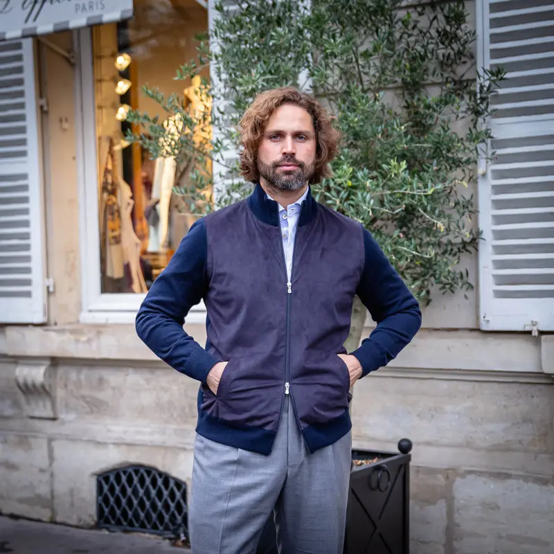 Gilet bi-matières cachemire et alcantara bleu marine
