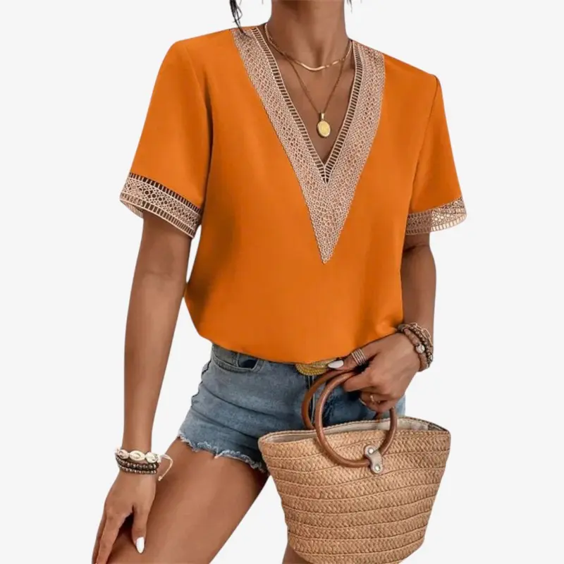 Haut femme à col V avec bordure en dentelle