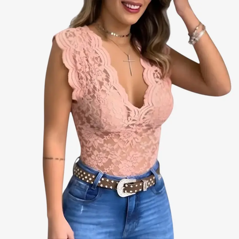 Haut Femme Dentelle Col V Élégant