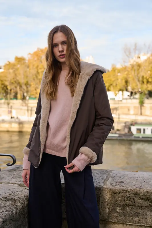 Imperméable fourré réversible court bicolore