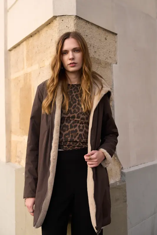 Imperméable fourré réversible long bicolore