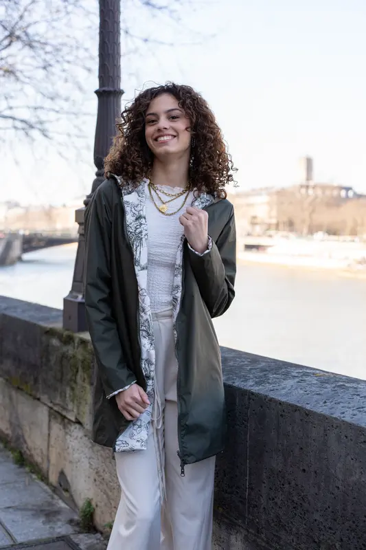 Imperméable réversible long mi-saison (toile de Jouy florale)