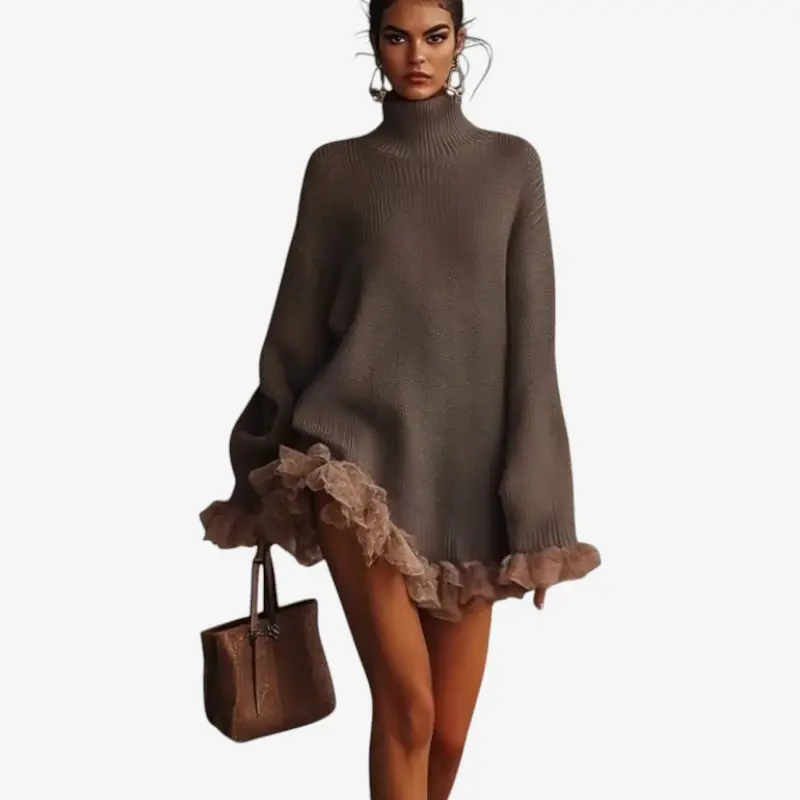 Isolde – Gilet oversize à manches longues, col roulé et volants