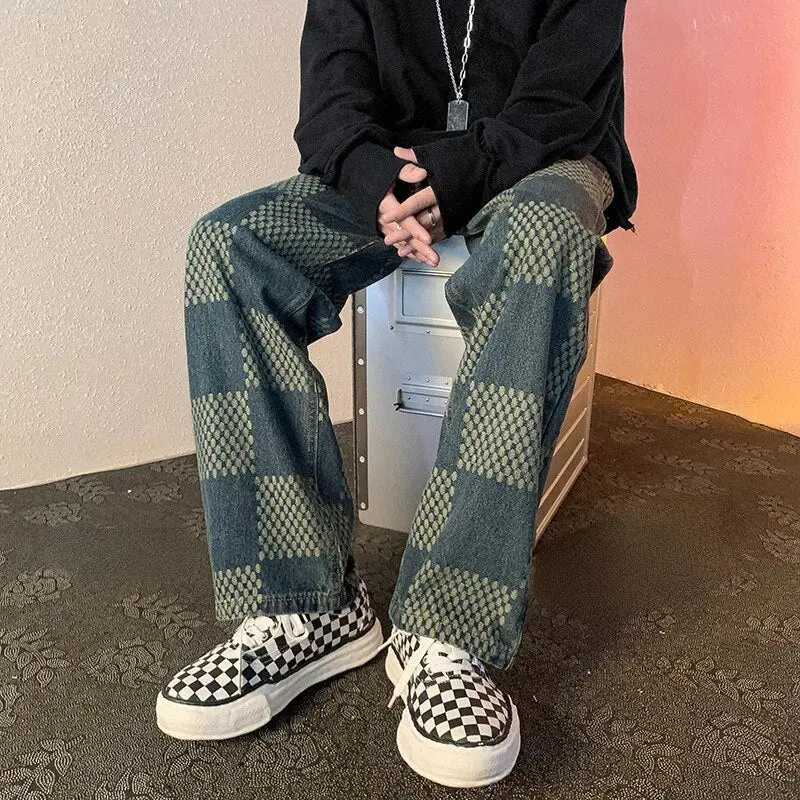 Jean baggy homme à carreaux, coupe ample moderne