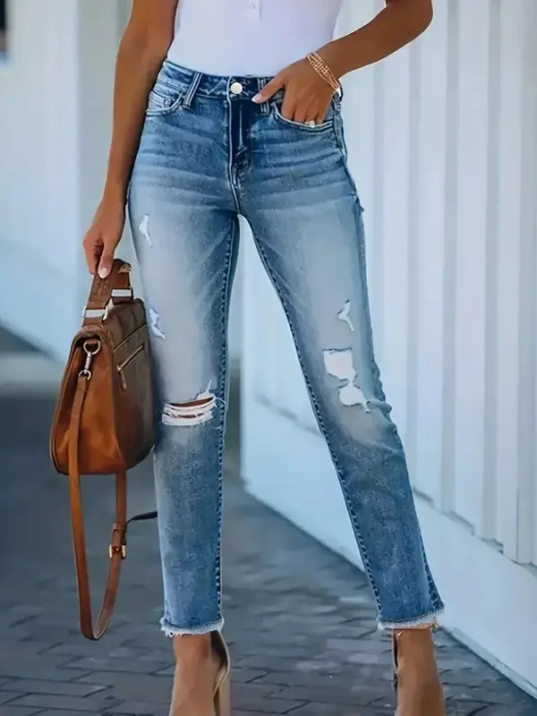 Jean déchiré femme taille haute tendance