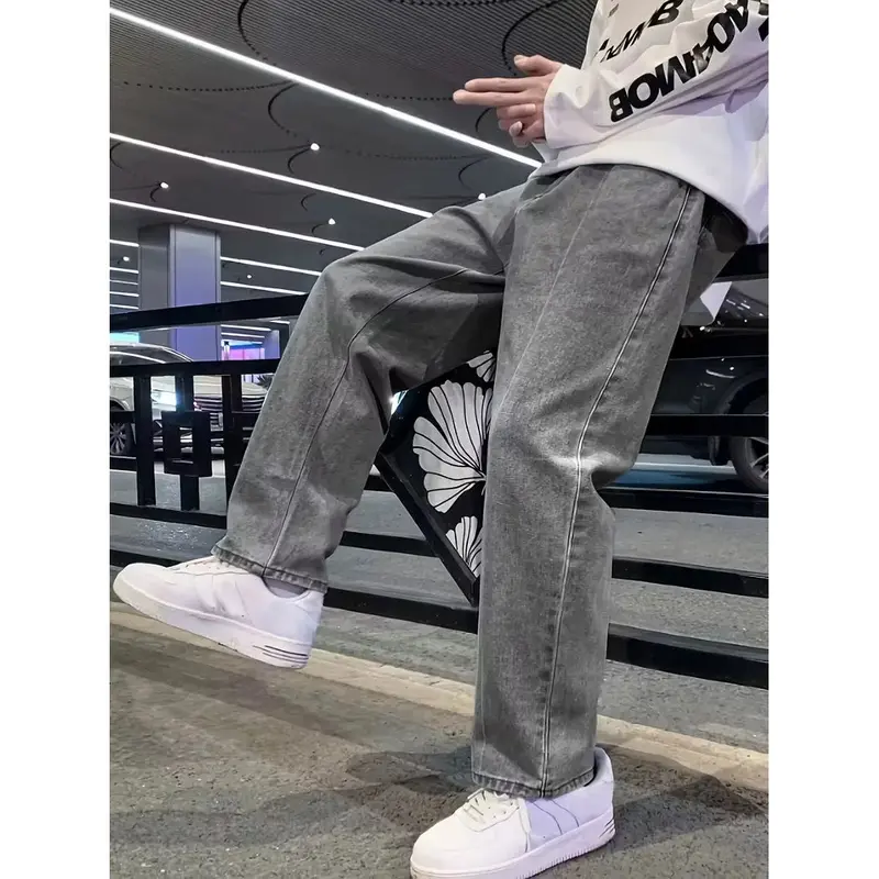 Jean large homme loose fit, denim gris cinq poches
