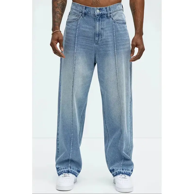Jean loose fit homme cinq poches, délavage bleu clair