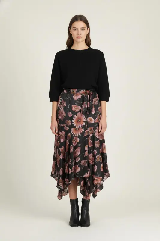 Jupe Asymétrique Noire et Rose - Taille L/40