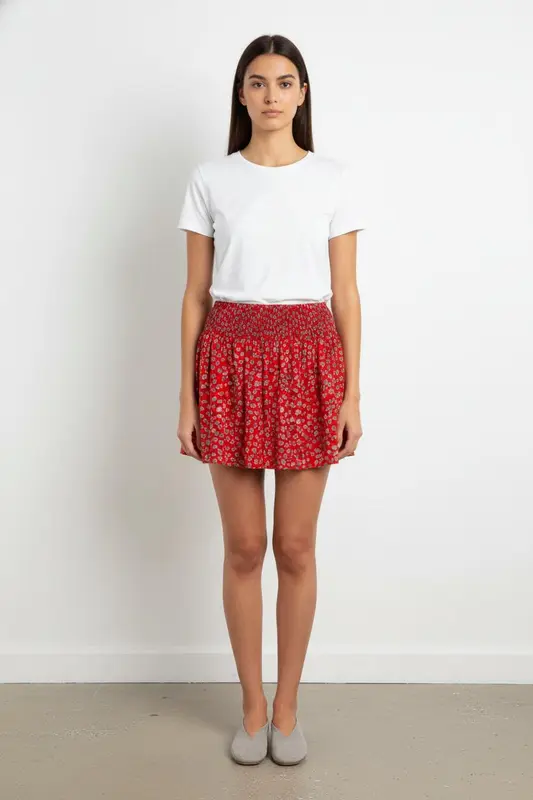 Jupe Courte Rouge à Fleurs - Taille S/36
