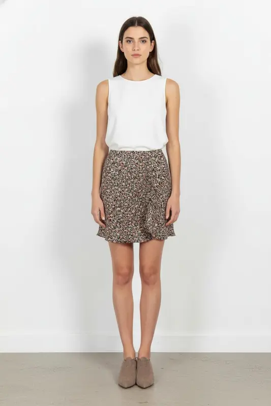 Jupe Fleurie Noire et Beige - Taille S/36