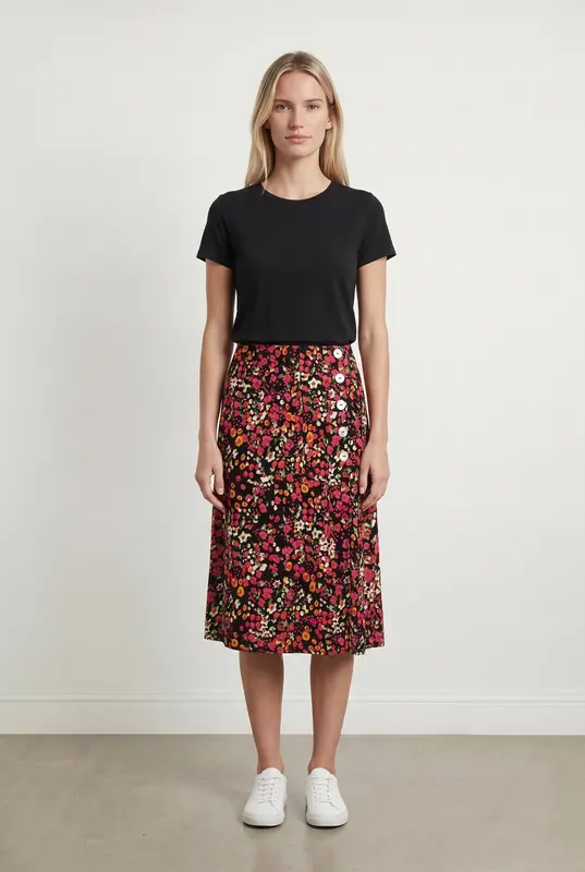 Jupe Fleurie Noire et Rouge - Taille XS/34