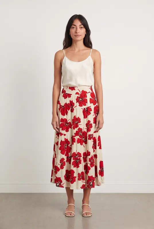 Jupe Midi Écrue et Rouge - Taille S/36