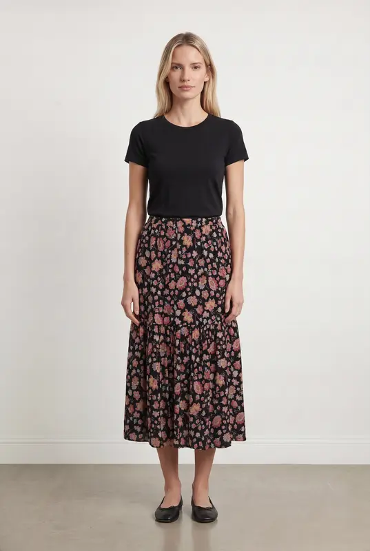 Jupe Midi Noire à Fleurs Multicolores - Taille XS/34