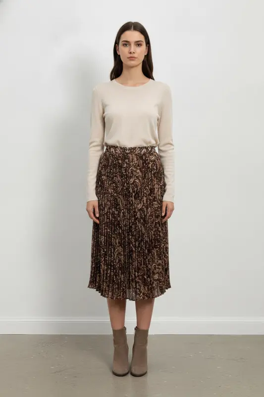 Jupe Plissée Bordeaux et Beige - Taille L/40