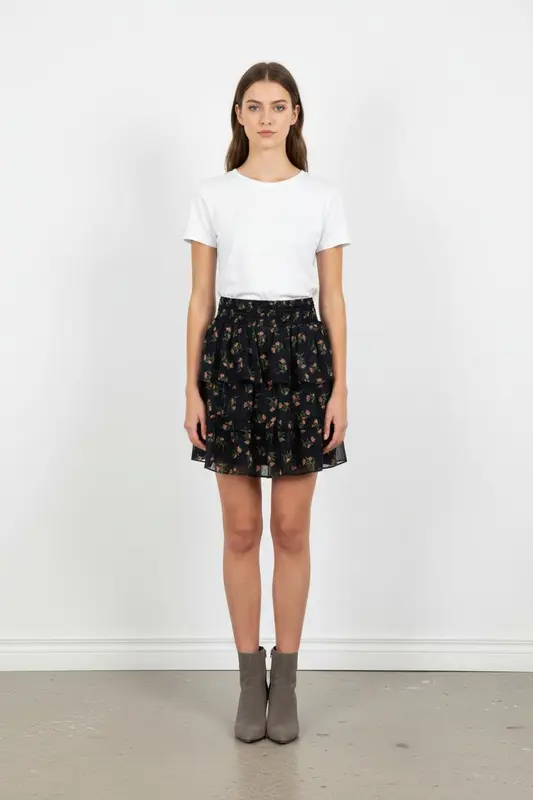 Jupe Volantée Noire à Fleurs Multicolores - Taille XS/34