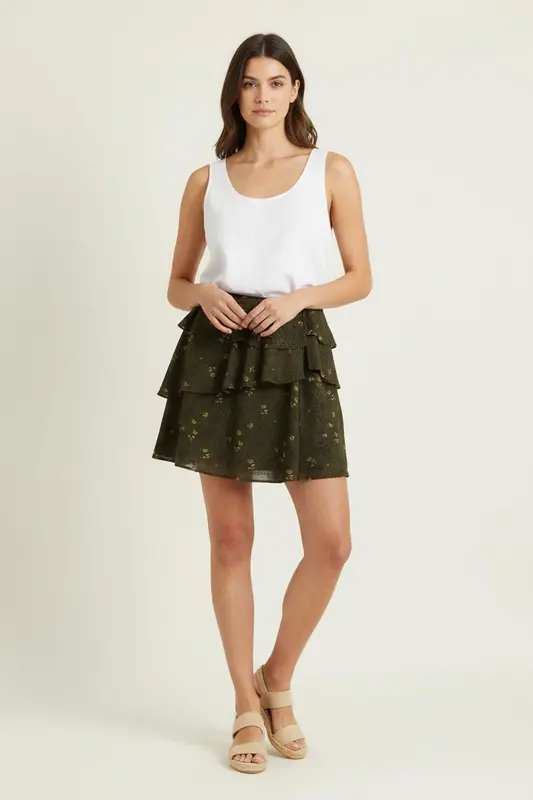 Jupe Volantée Vert à Fleurs - Taille XS/34