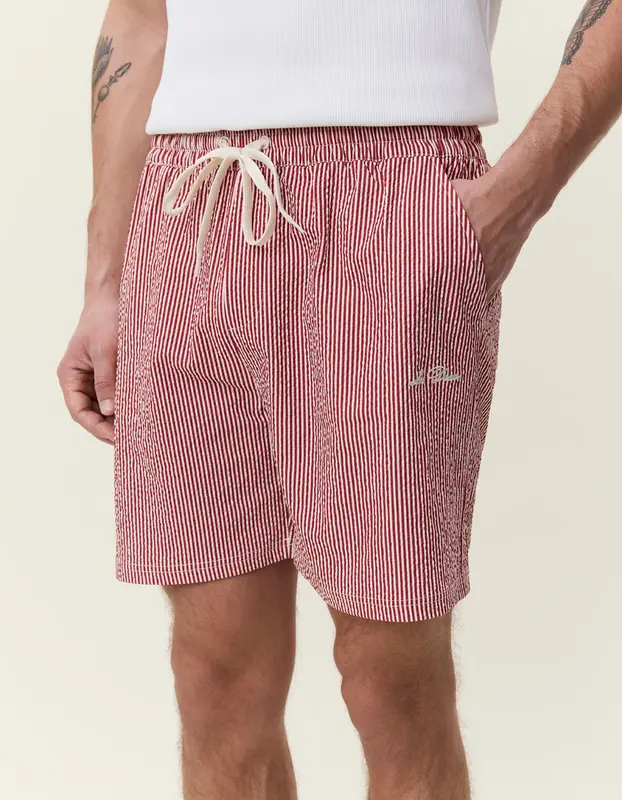 Les Deux STRIPE SEERSUCKER SWIM SHORTS Rhubarb Red