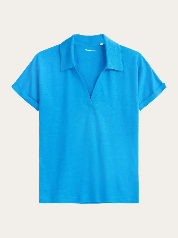 Linen split neck polo - Malibu Blue