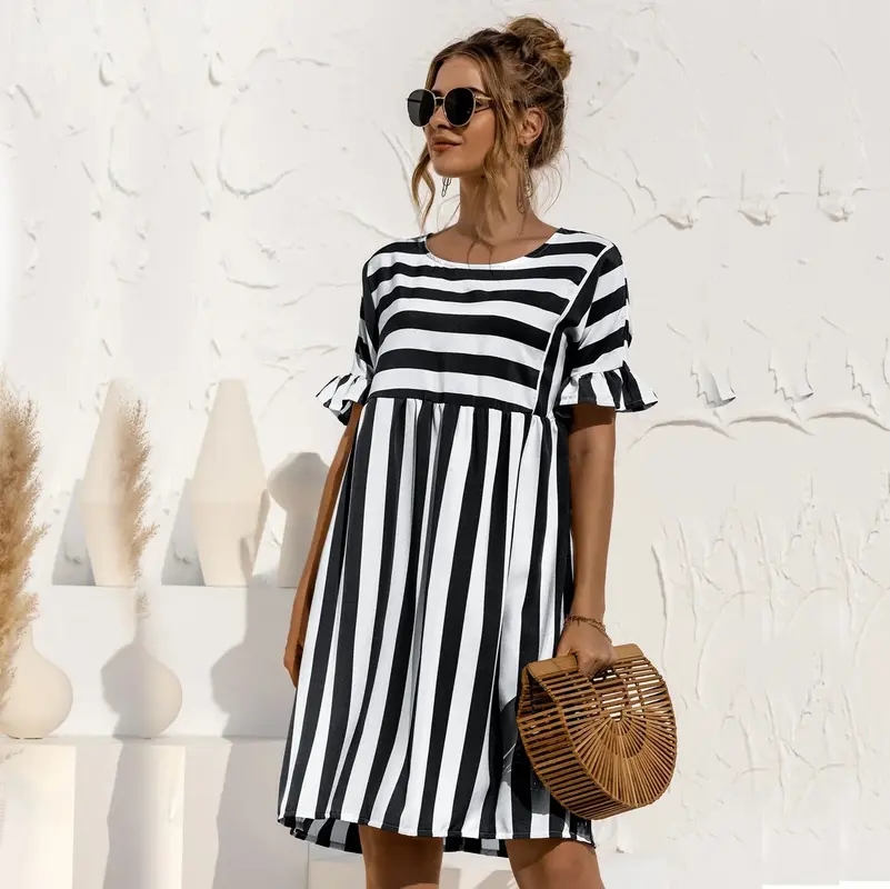 Livia - Robe Femme à Volants Volumineux et Imprimé Rayé