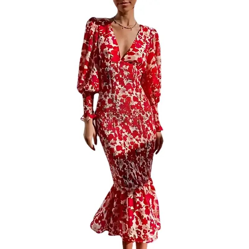 Longue robe à imprimé fleuri avec manches lanternes