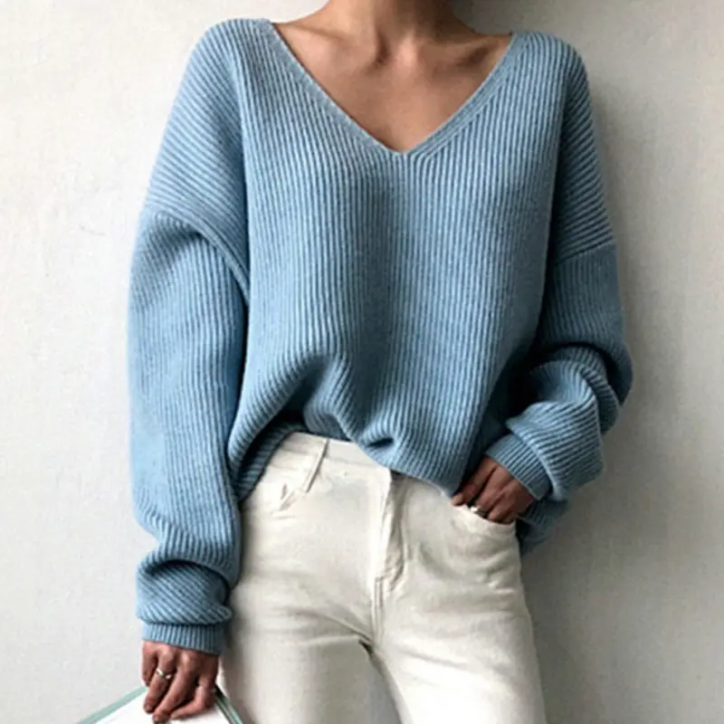 Luxueux pull doux avec col en V et manches longues
