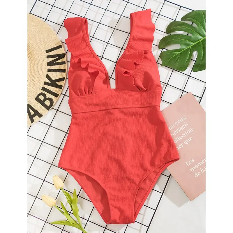 Maillot de bain une pièce femme décolleté plongeant avec bretelles à volants