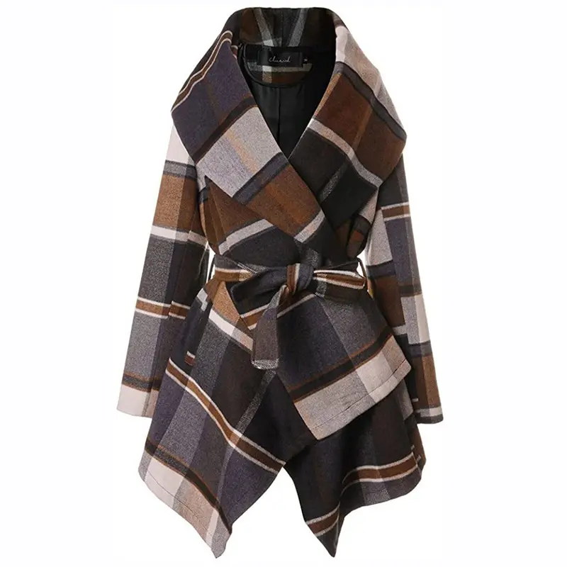 Manteau à carreaux femme col châle avec ceinture