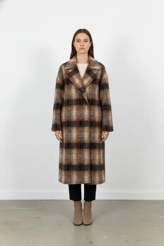 Manteau à Carreaux Marron et Gris - Taille M/38
