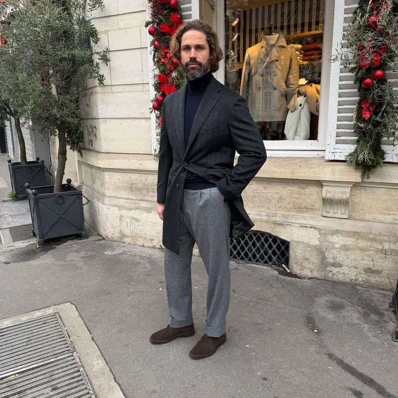Manteau cachemire gris moyen à chevrons