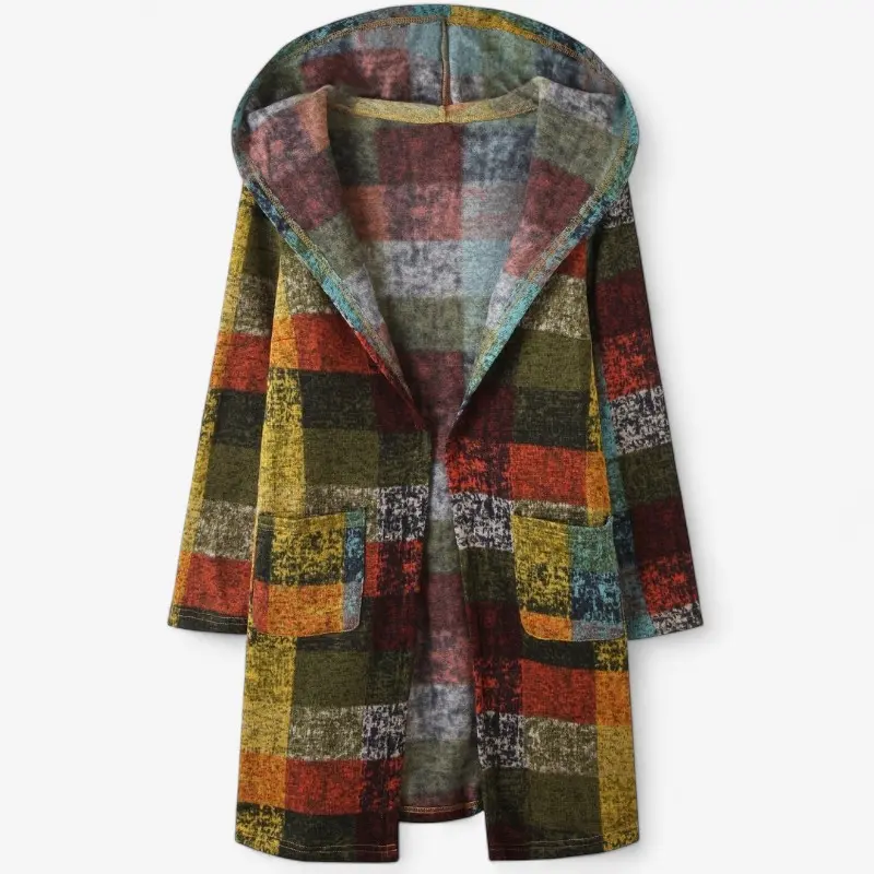 Manteau femme à capuche à carreaux manches longues avec poches