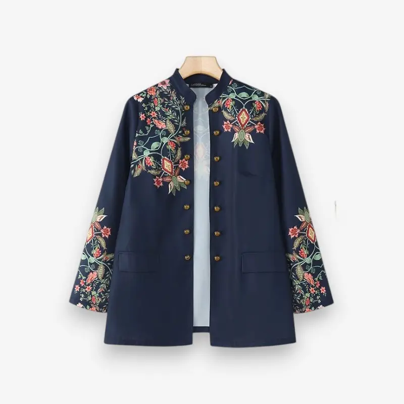 Manteau femme ample imprimé floral col rond boutonné