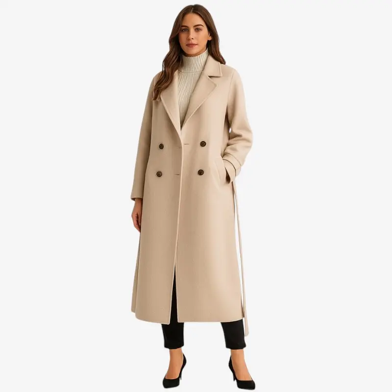 Manteau femme laine col à revers ceinturé