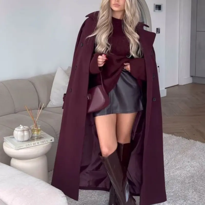 Manteau femme long à revers ceintur
