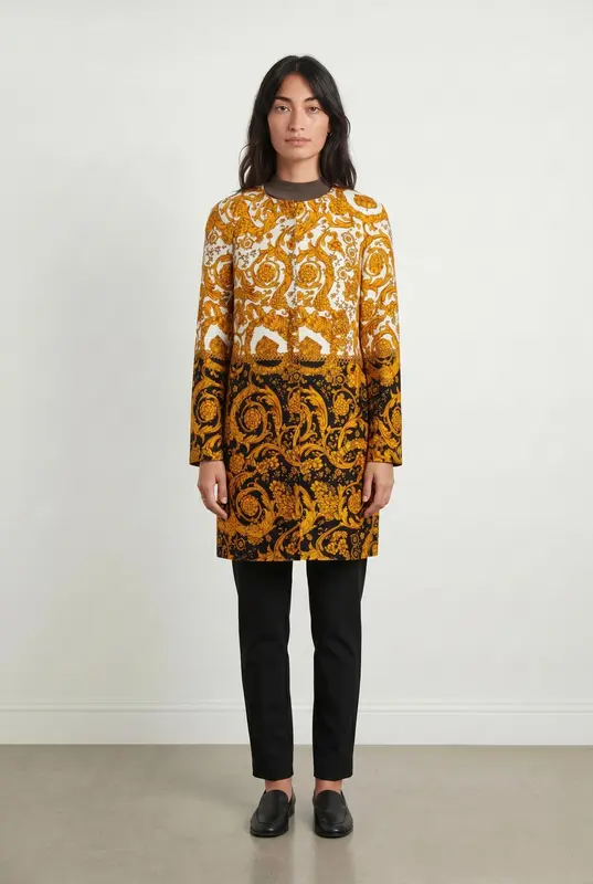 Manteau Long Blanc et Noir à Motifs Jaunes - Taille M/38