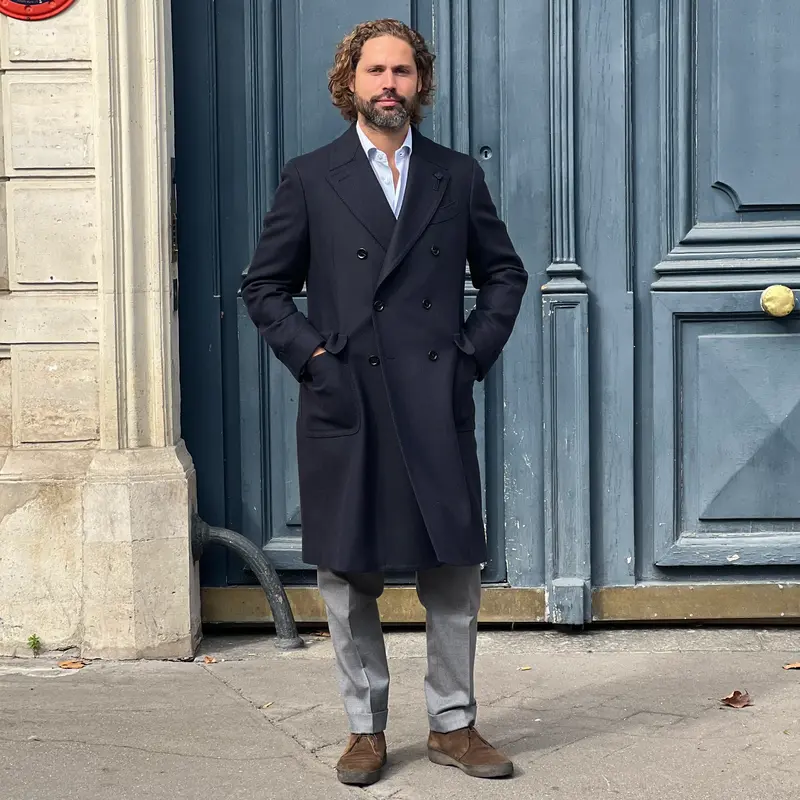 Manteau « polo coat » croisé bleu nuit chevrons LARDINI