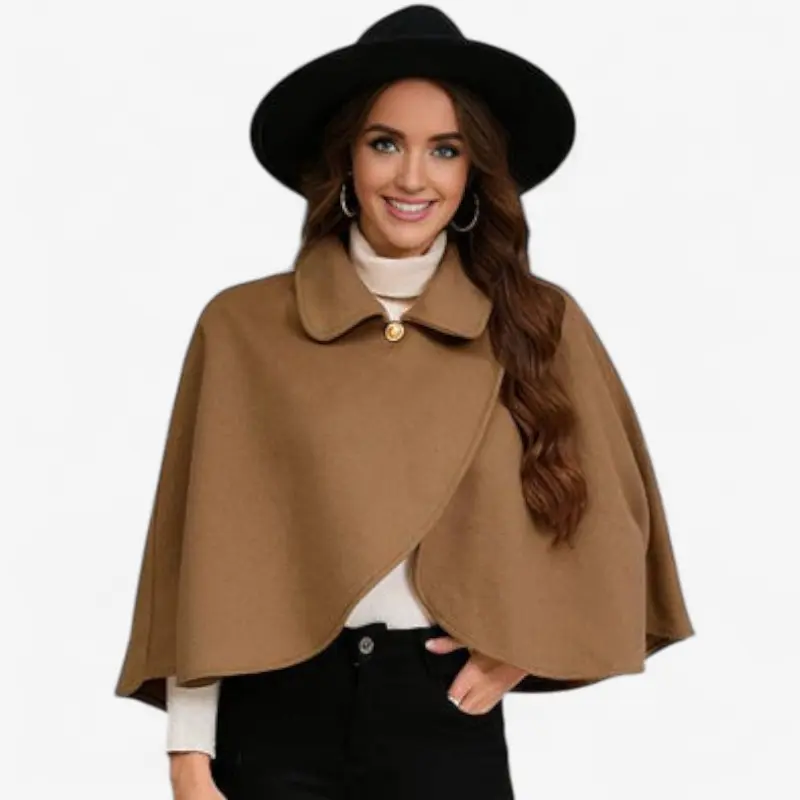 Manteau poncho court femme à col revers boutonné