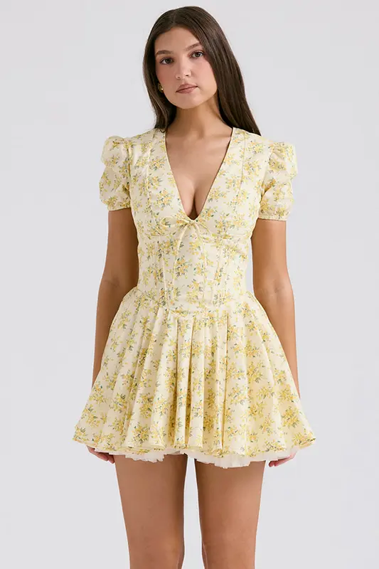 Mary - Mini robe fleurie vintage avec jupe plissée