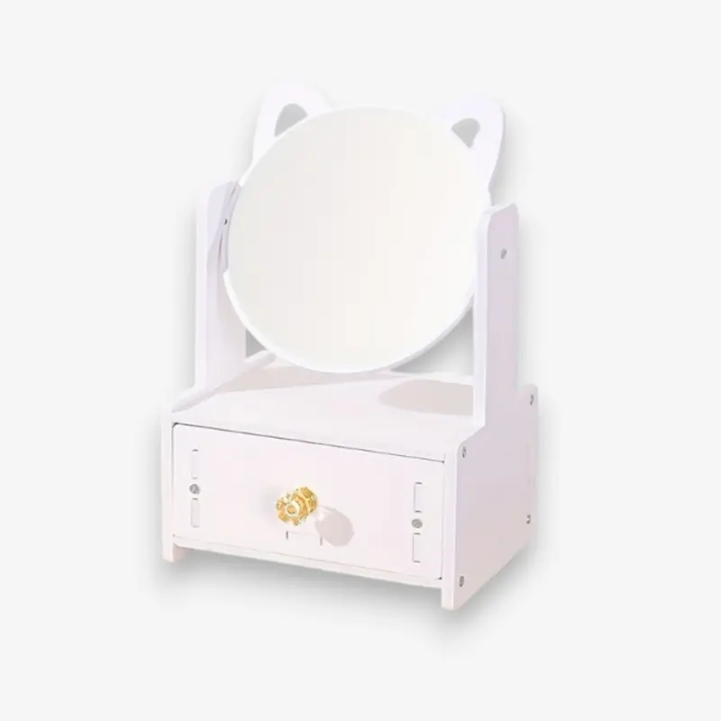 Miroir de maquillage de bureau oreilles de chat réglable avec boîte de rangement