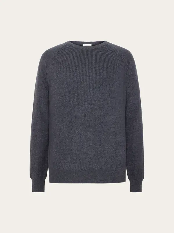 O-neck merino wool rib knit - Dark Grey Melange