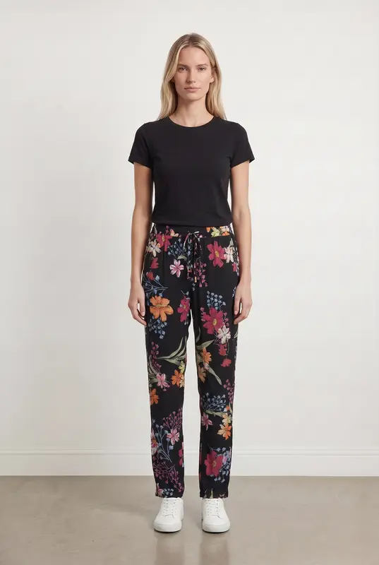 Pantalon Fleuri Noir et Multicolore - Taille M/38