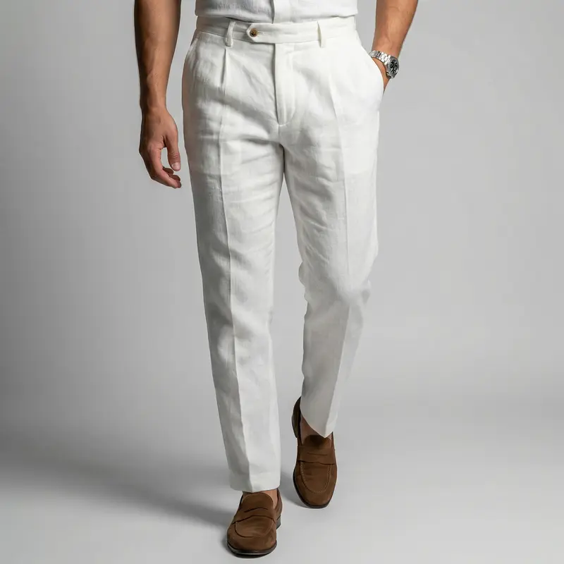 Pantalon homme en lin pur à pinces, coupe italienne fuselée