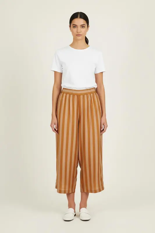Pantalon Large Marron et Beige - Taille S/36
