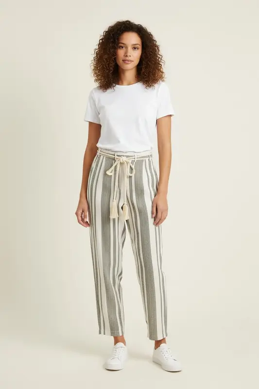 Pantalon Rayé Blanc et Vert - Taille S/36