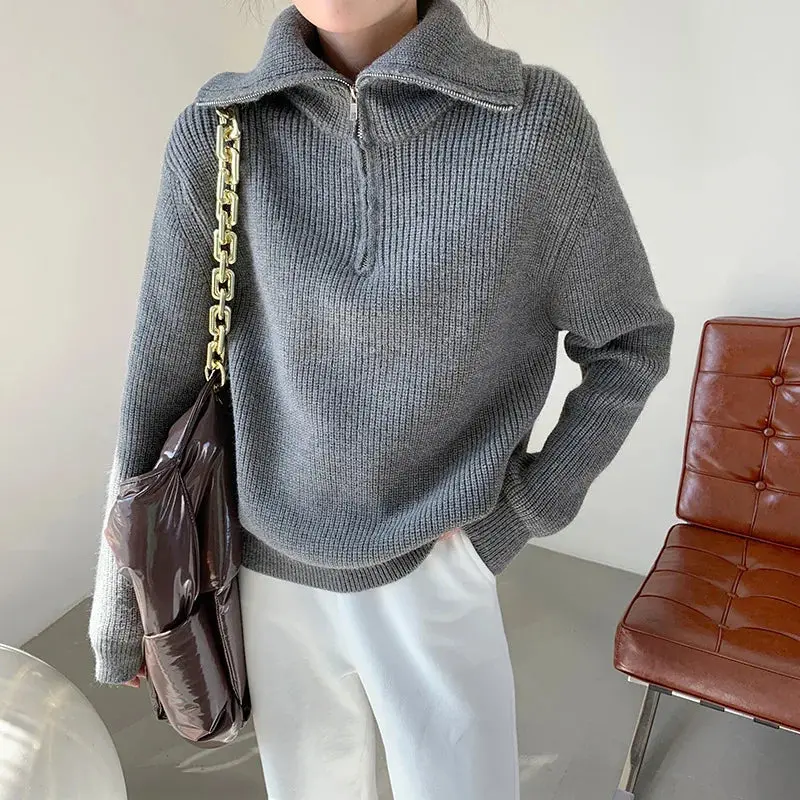 Pull col montant zip 1/4 manches longues femme