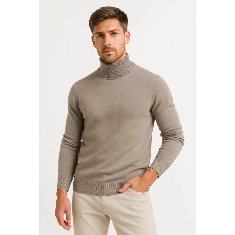 Pull col roulé homme en laine vierge, coupe confortable