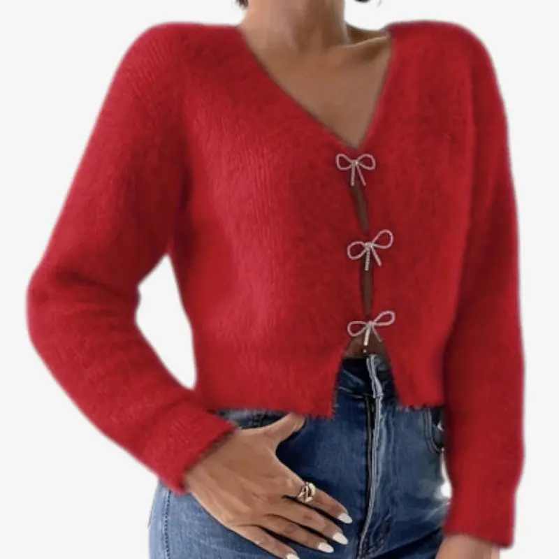 Pull col V femme manches longues avec boutons nœud