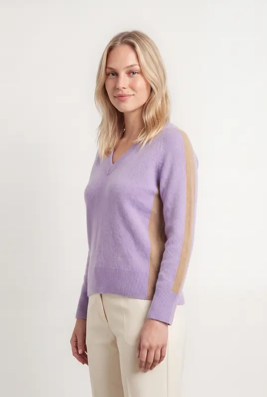 Pull Col V Violet et Beige - Taille L/40