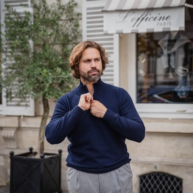 Pull col zip laine et cachemire bleu marine
